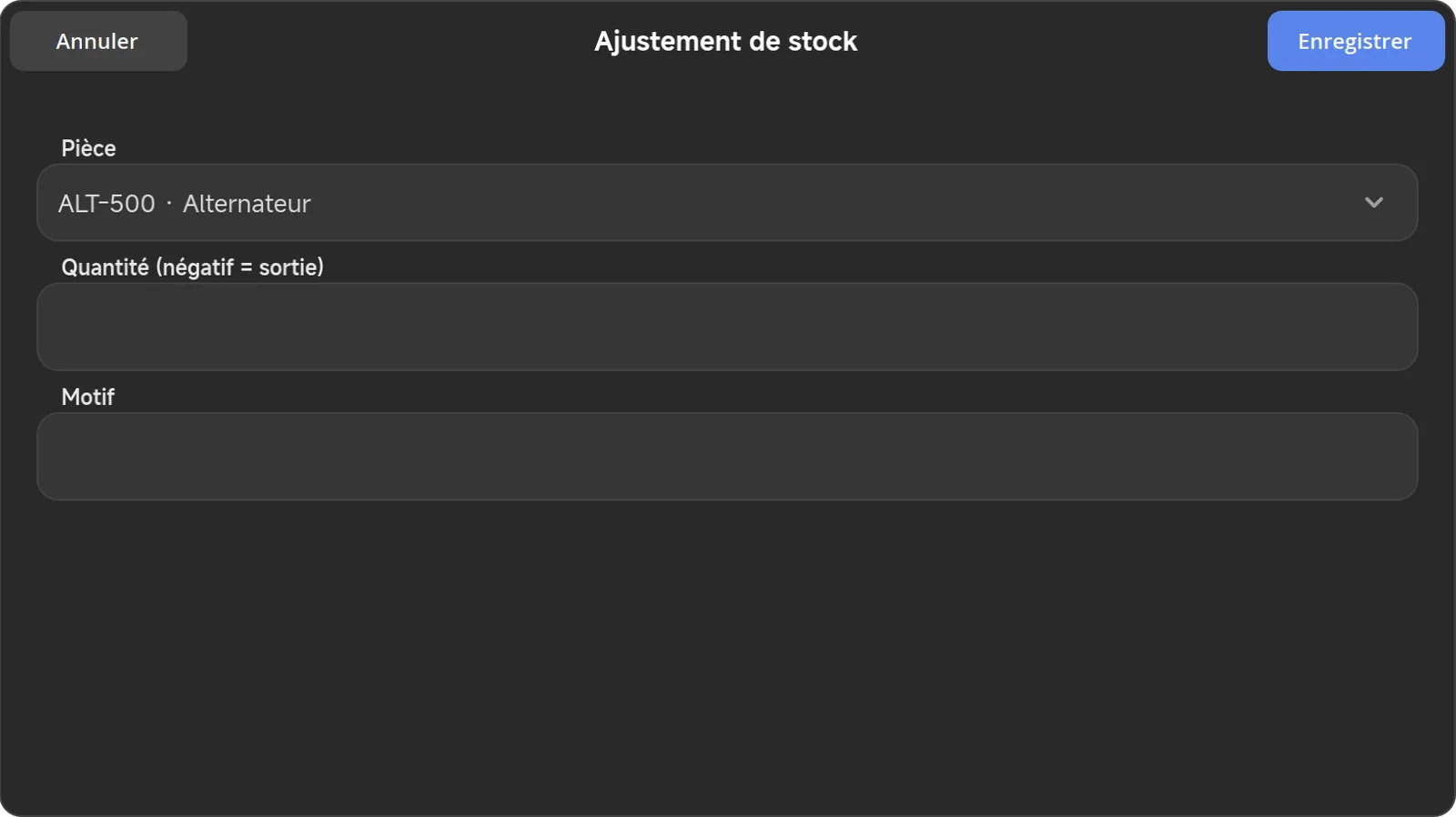La fenêtre Ajustement de stock : pièce, quantité et motif.