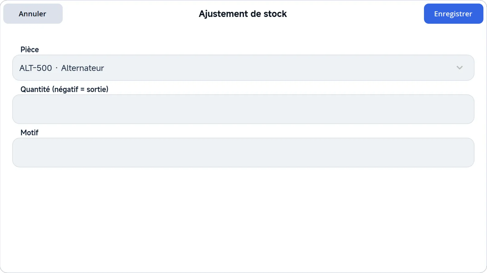 La fenêtre Ajustement de stock : pièce, quantité et motif.