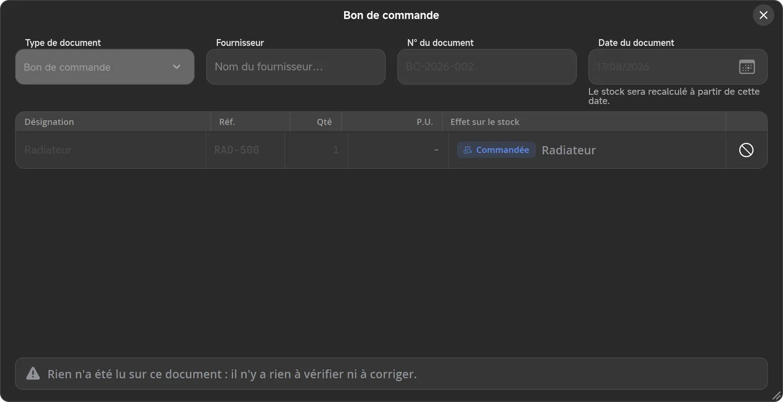 Le détail d'un bon de commande enregistré, en lecture seule.