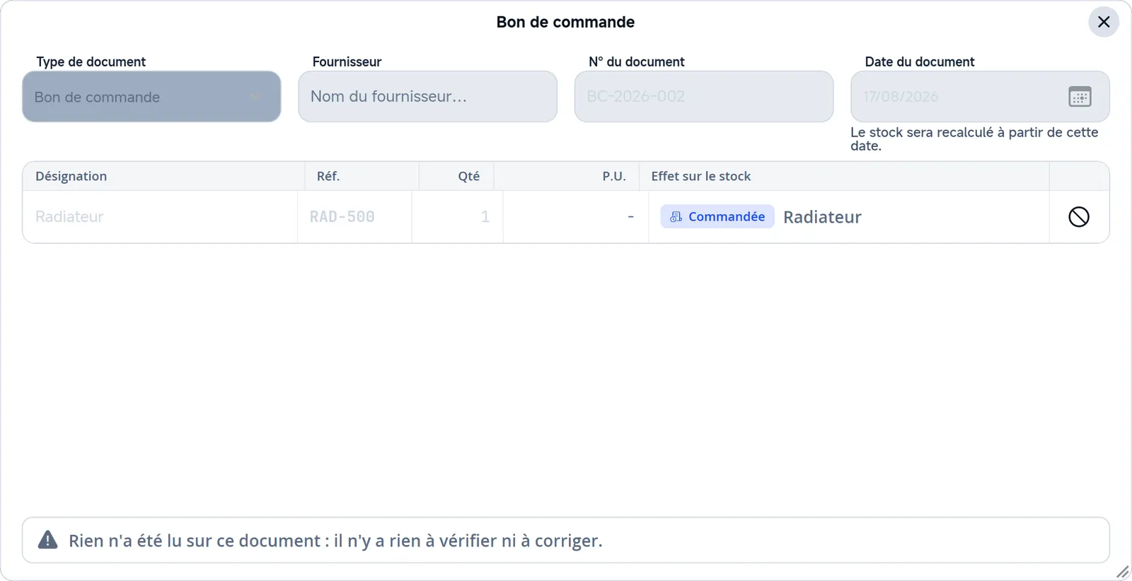 Le détail d'un bon de commande enregistré, en lecture seule.