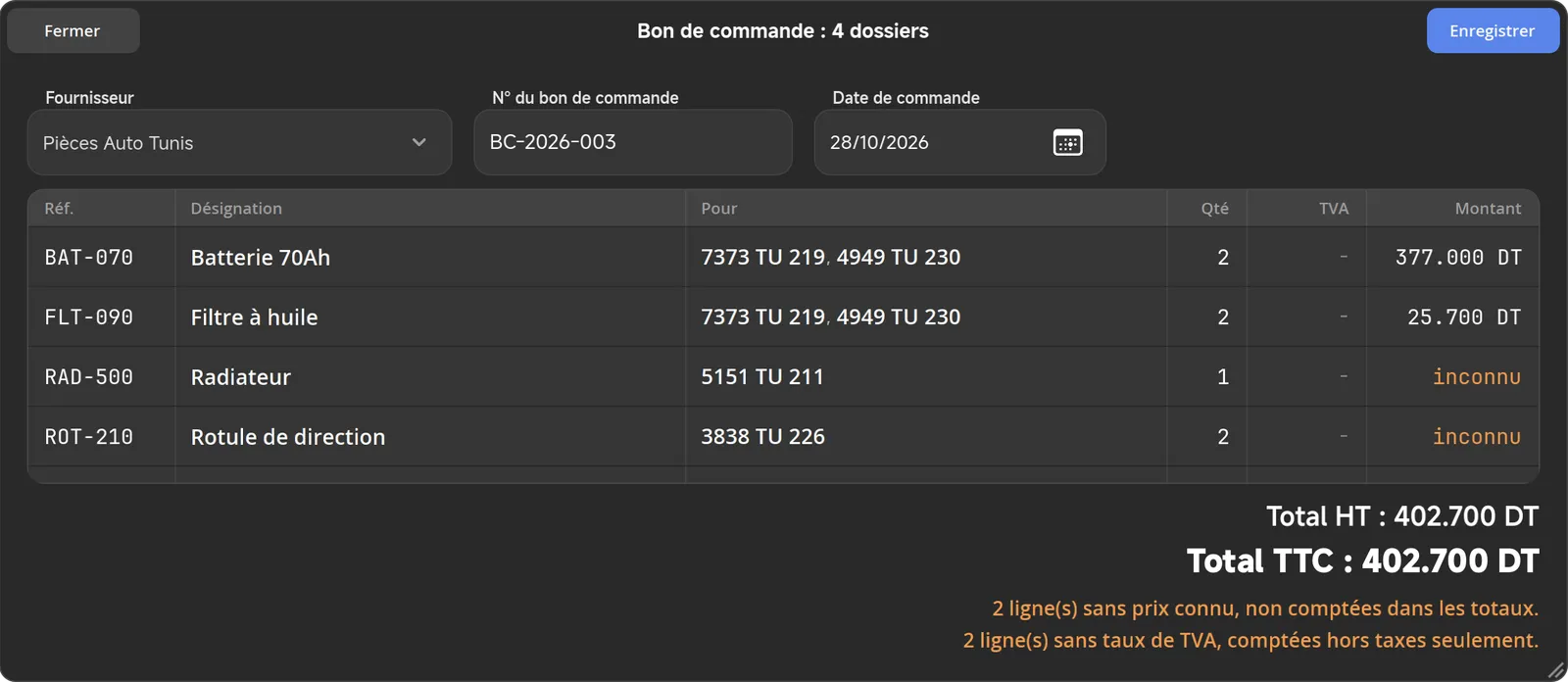 Un bon de commande pour quatre dossiers : fournisseur, numéro, date, et la liste des pièces.
