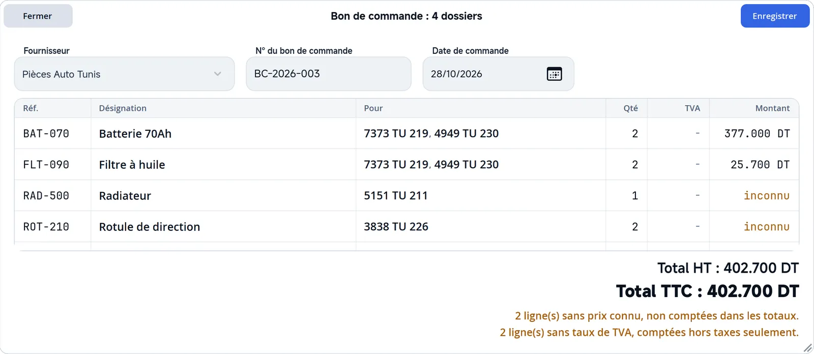 Un bon de commande pour quatre dossiers : fournisseur, numéro, date, et la liste des pièces.