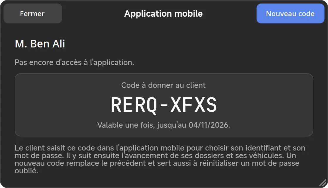 La fenêtre Application mobile, avec un code à donner au client.