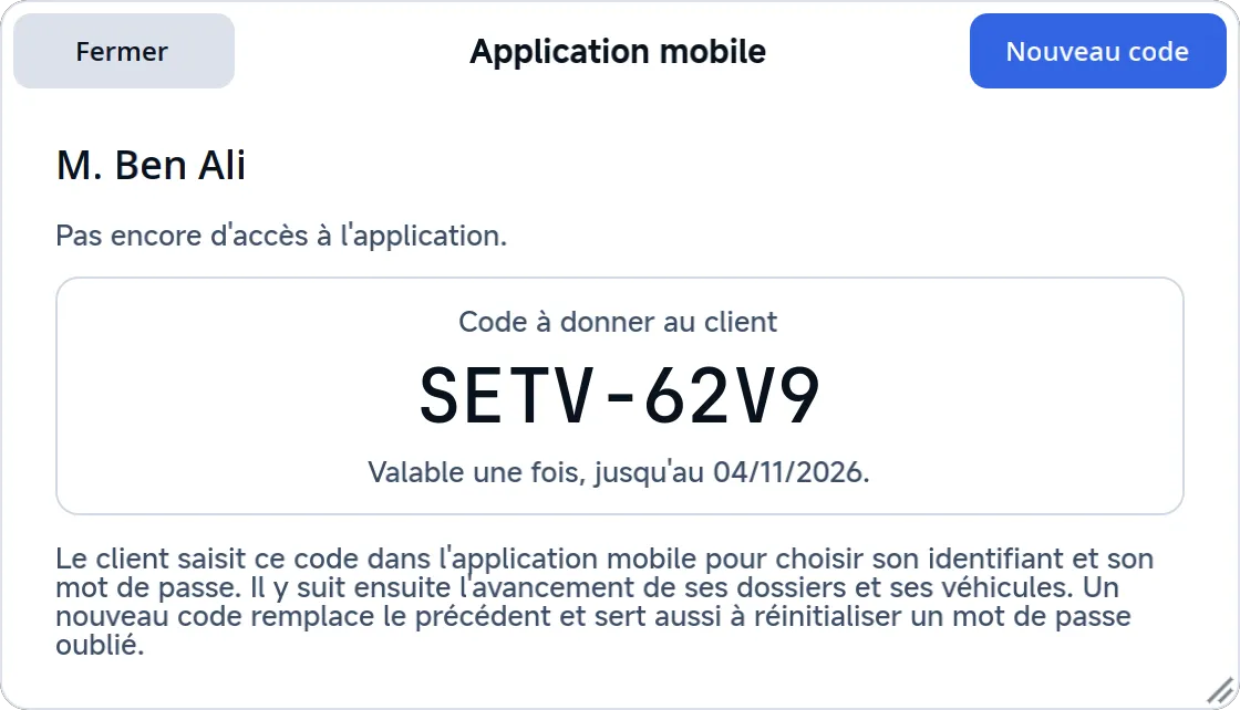 La fenêtre Application mobile, avec un code à donner au client.