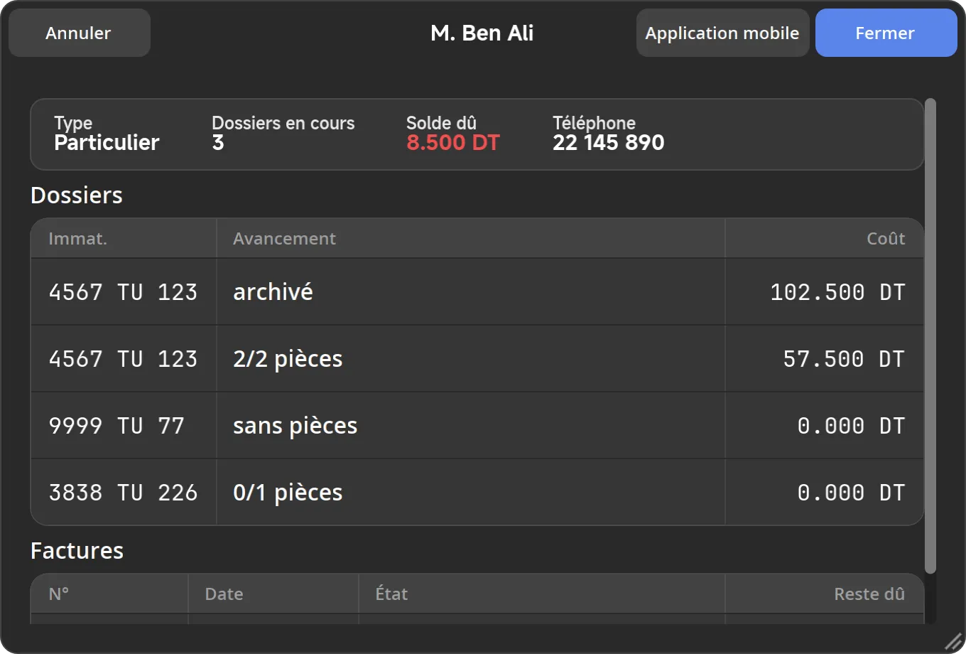 La fiche de M. Ben Ali, avec ses dossiers et ses factures.