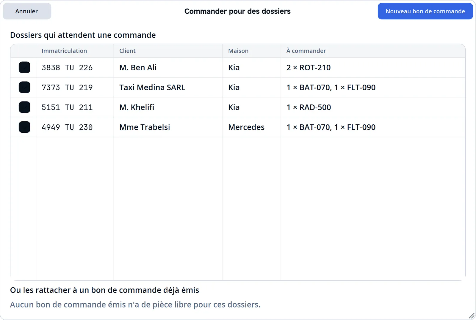 La fenêtre Commander pour des dossiers : quatre dossiers cochés avec les pièces à commander.