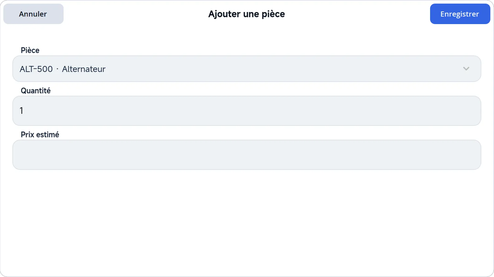 La fenêtre Ajouter une pièce, avec les champs Pièce, Quantité et Prix estimé.