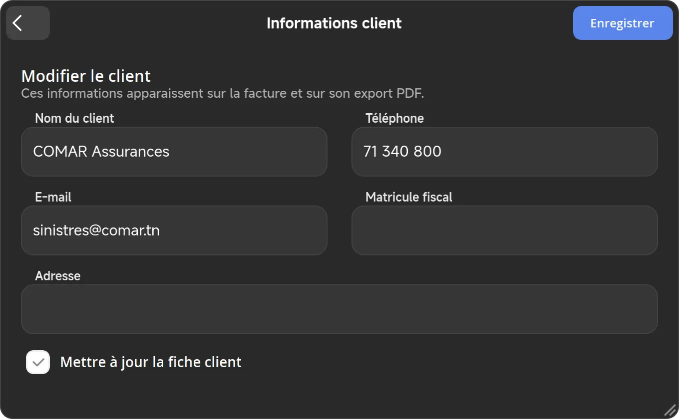 Le formulaire Informations client, avec la case Mettre à jour la fiche client.