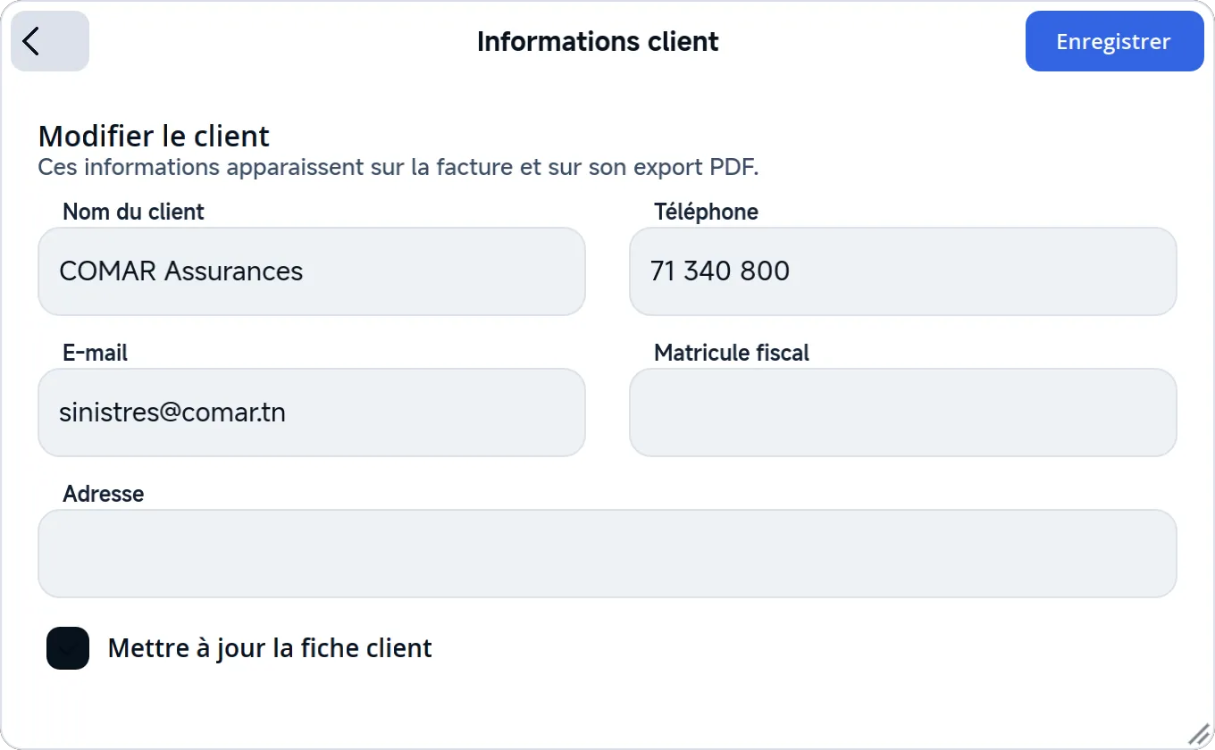 Le formulaire Informations client, avec la case Mettre à jour la fiche client.
