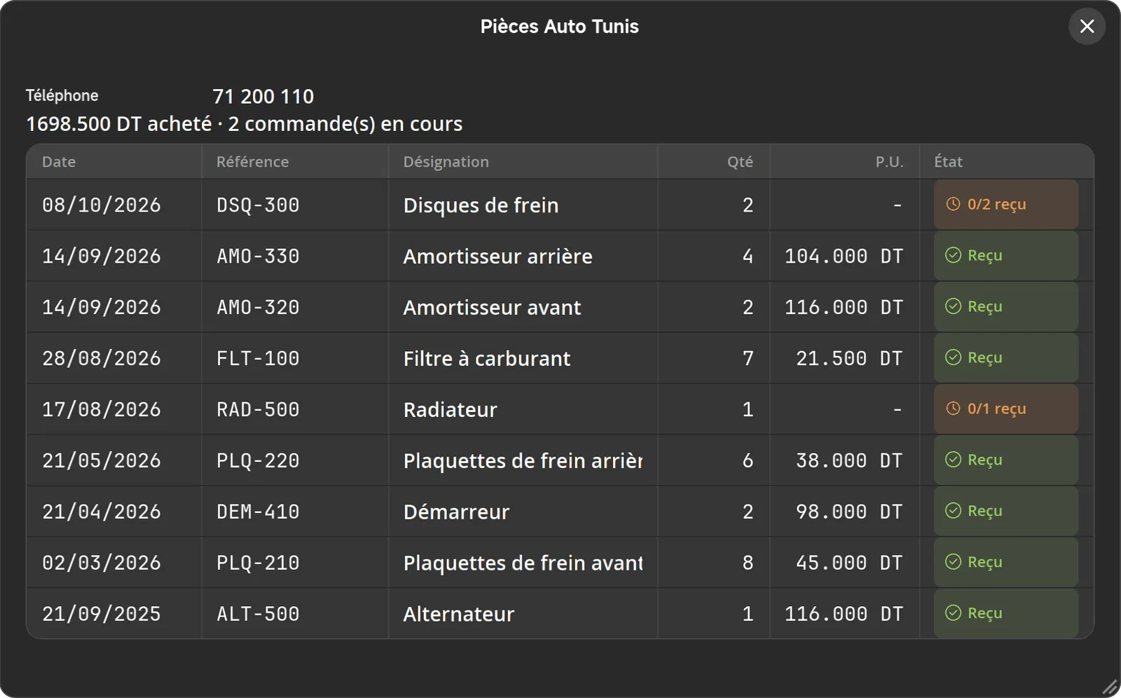 La fiche du fournisseur Pièces Auto Tunis, avec la liste de ses livraisons.