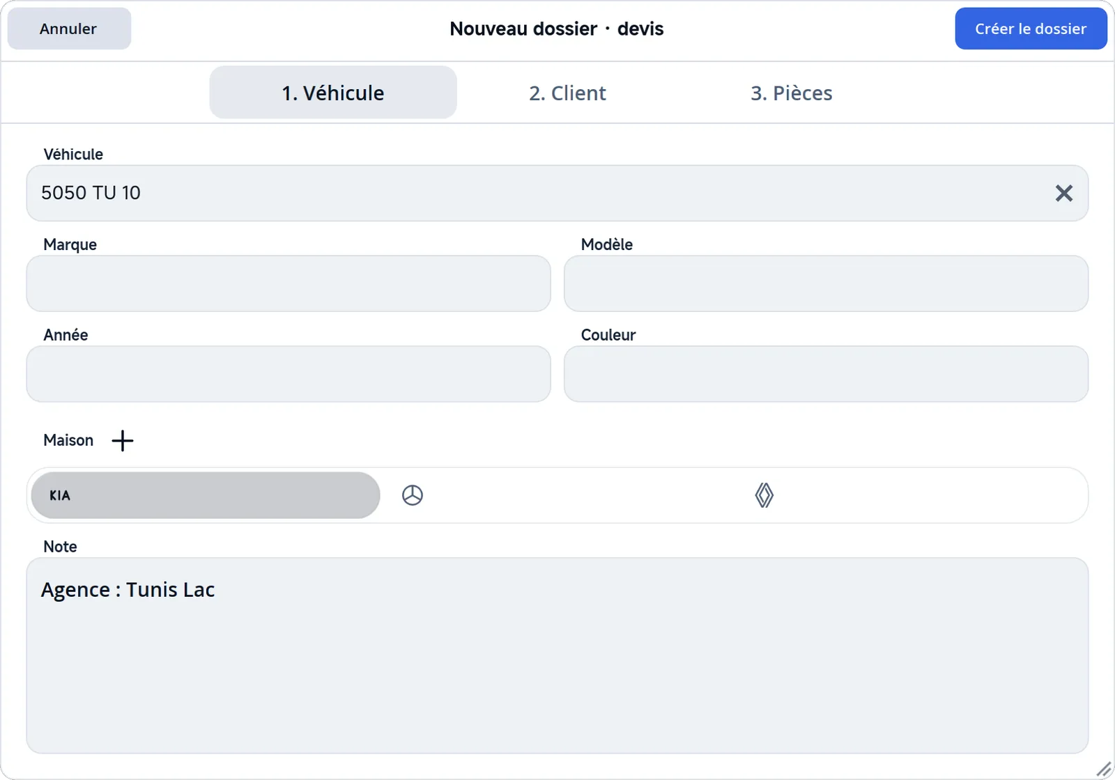 L'onglet 1. Véhicule de la fenêtre Nouveau dossier.