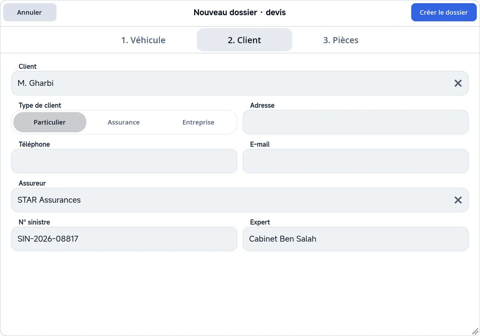 L'onglet 2. Client de la fenêtre Nouveau dossier.