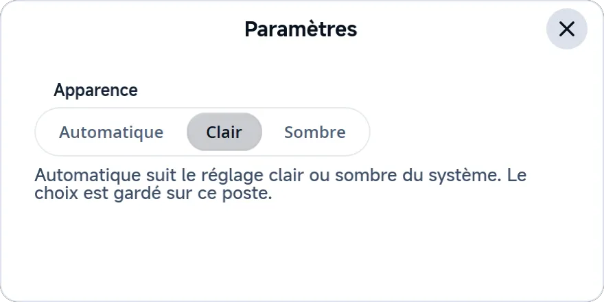 La fenêtre Paramètres, avec le choix Automatique, Clair ou Sombre.