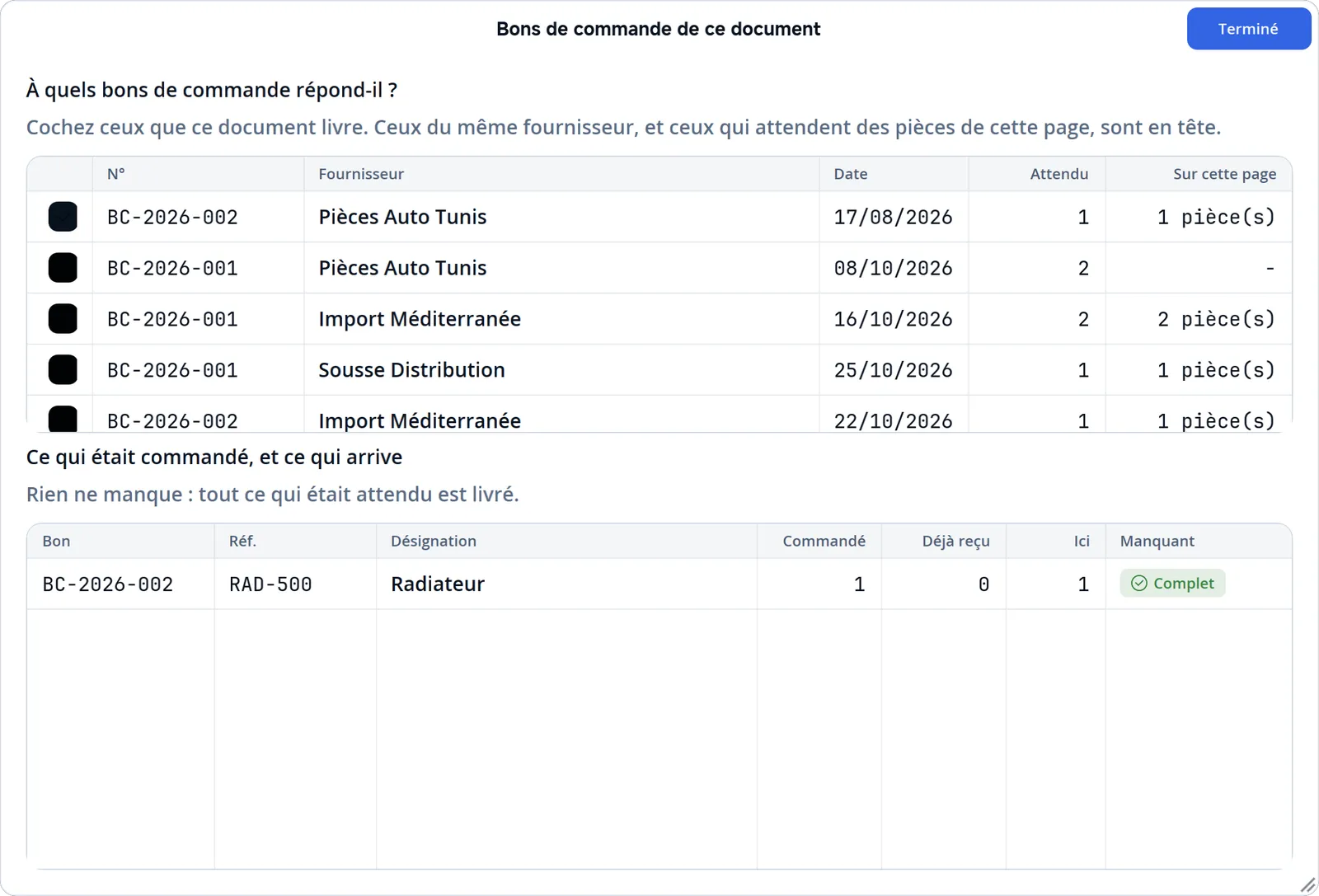 La fenêtre Bons de commande de ce document : les commandes à cocher, et la comparaison entre commandé et livré.